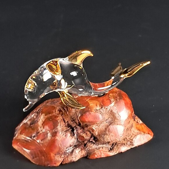Glass Baron Clear Glass Dolphin Sculpture W 22 K Gold Accents On Burl Wood Base - Picture 5 of 10